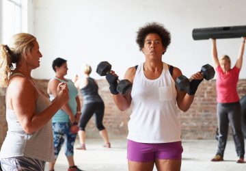 a group of women doing weight training
