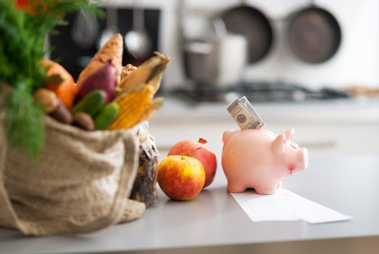 piggy bank in front of healthy food