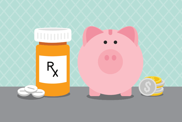 medication bottle next to a piggy bank