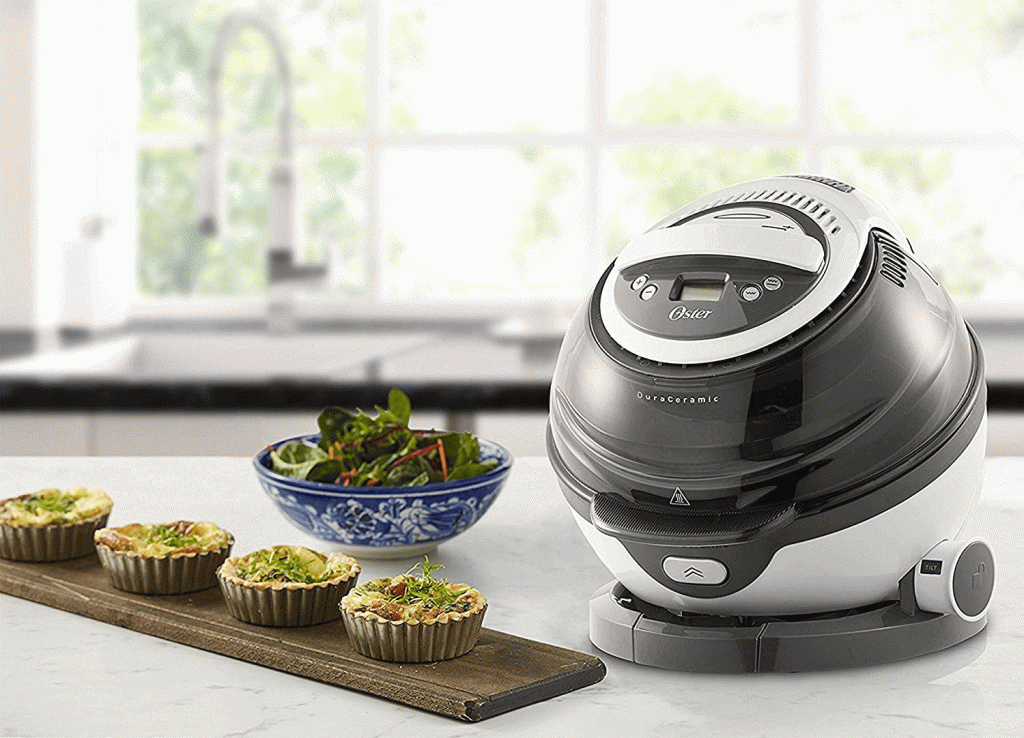 air fryer with healthy food placed in front of it