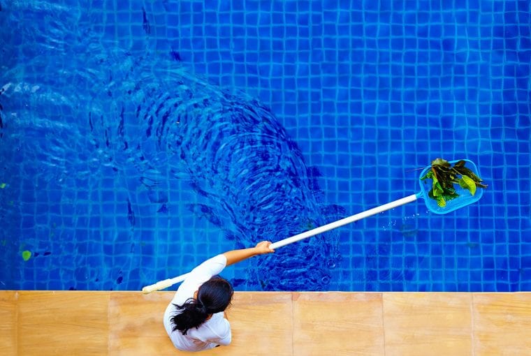 person cleaning debris out of a pool