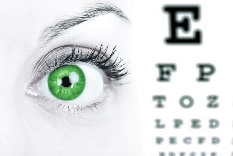 green eye next to an eye exam chart