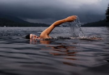 person swimming in a lake.