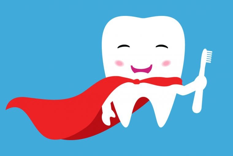 cartoon of a tooth holding a toothbrush