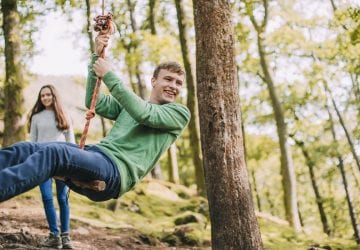 a couple swinging on a tree