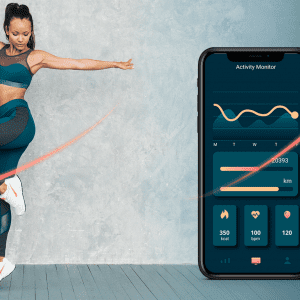 a womoan exercising and her cell phone screen