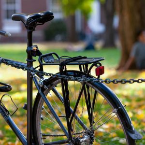 a bike locked up in a park