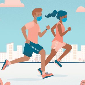 illustration of a couple running wearing PPE masks