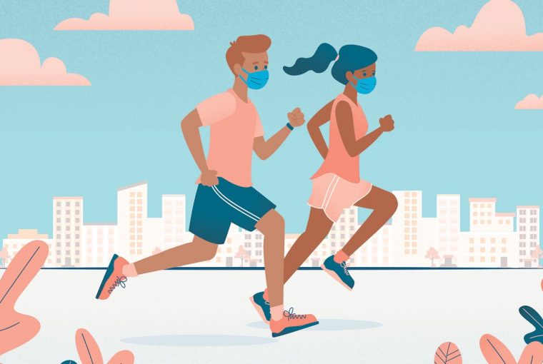 illustration of a couple running wearing PPE masks