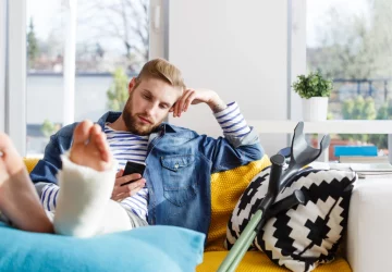 a man sitting on his couch with a leg cast scrolling on his phone