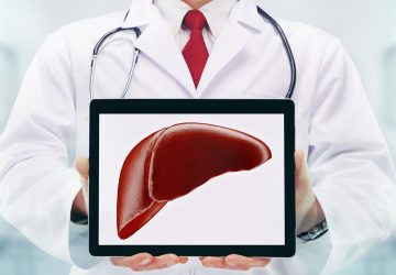 a doctor holding an image of a liver
