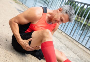 a man holding a sore leg muscle