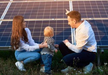a family outdoors looking at their solar panels