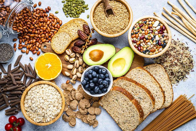 a table filled with an assortment of high fiber foods
