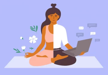 an illustration of a woman doing yoga and holding a laptop