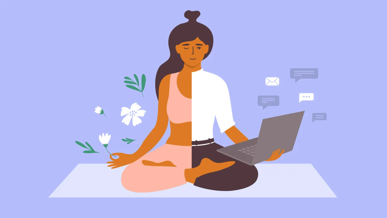 an illustration of a woman doing yoga and holding a laptop