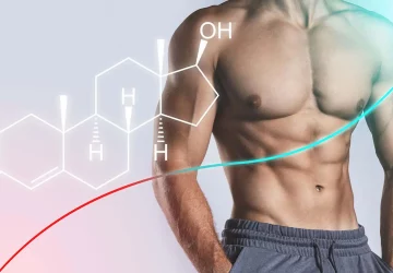 a shirtless man with an illustration of a chemical compound on him