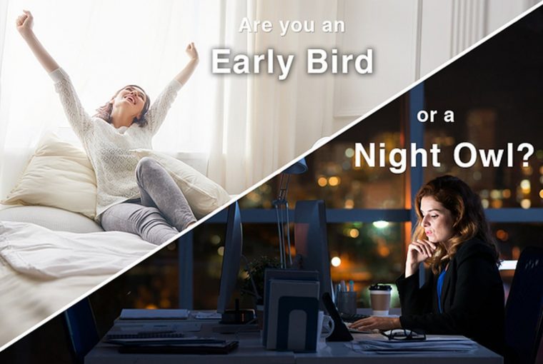 an image of a woman waking up early next to a woman up late at night