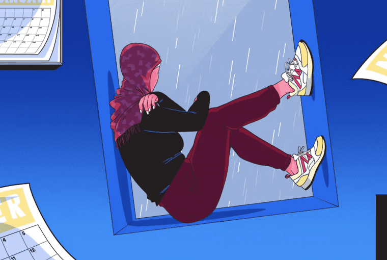 an illustration of a woman wearing a hijab sitting in a window frame