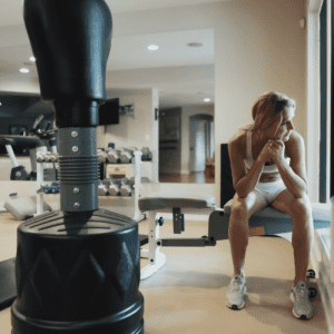 a woman in her gym looking out a window