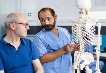 a chiropractor showing a patient a skeleton