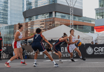 femals basketball players in downtown Edmonton