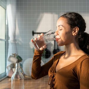 a woman drinking a bottle of water