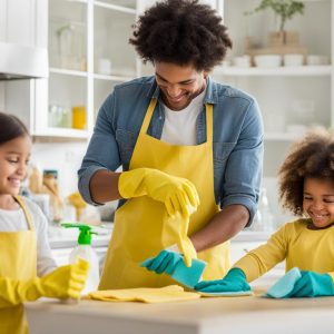a family cleaning their kitchen
