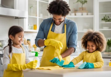 a family cleaning their kitchen