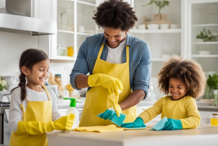 a family cleaning their kitchen
