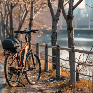 a bike beside a river in the fall