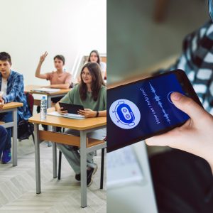 a group of kids in a classroom using AI