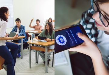 a group of kids in a classroom using AI
