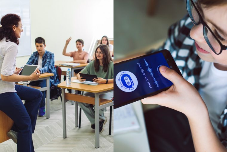 a group of kids in a classroom using AI