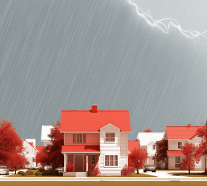 an assortment of homes in front of dark clouds