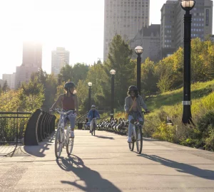 a group biking in the river valley