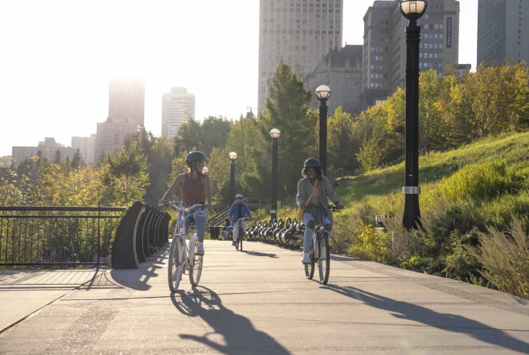 a group biking in the river valley