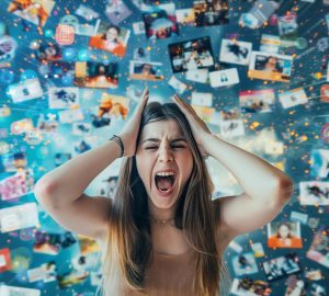 a woman with an assortment of messages behind her