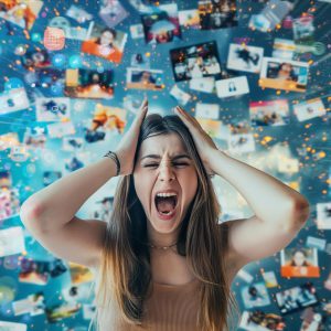a woman with an assortment of messages behind her