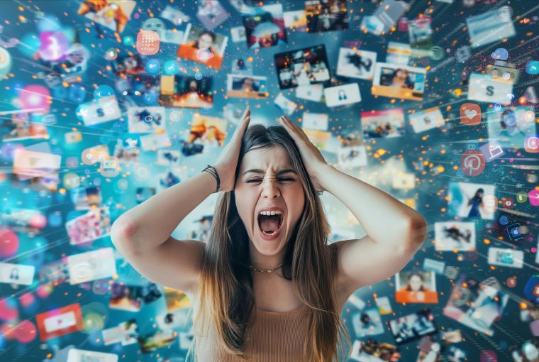 a woman with an assortment of messages behind her