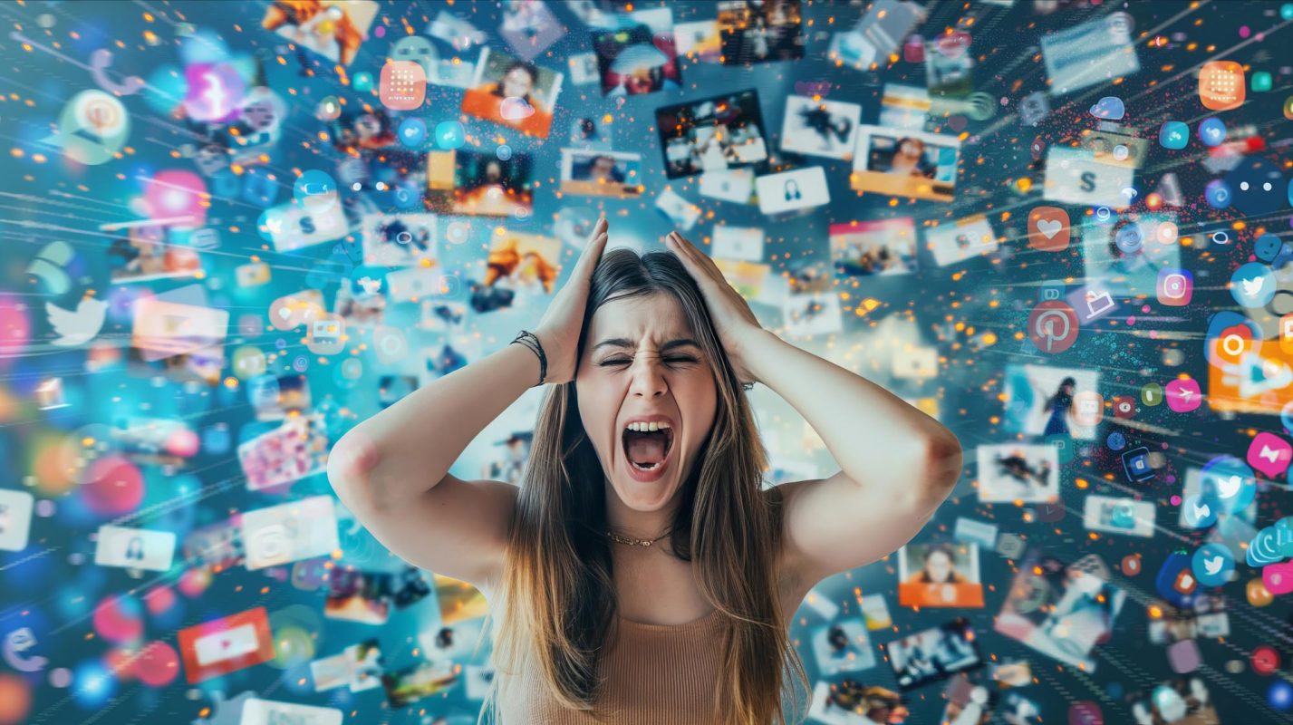 a woman with an assortment of messages behind her
