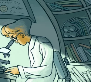 an illustration of a scientist looking through a microscope