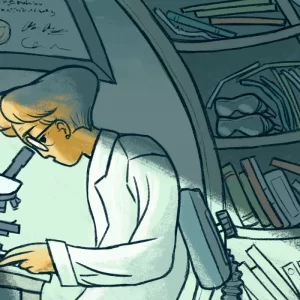 an illustration of a scientist looking through a microscope
