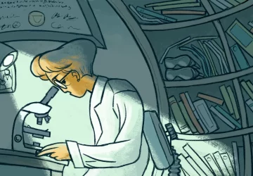 an illustration of a scientist looking through a microscope