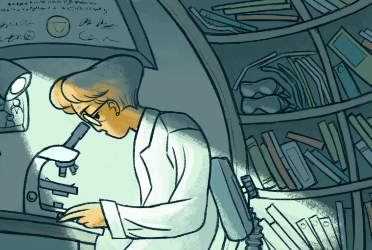 an illustration of a scientist looking through a microscope