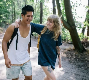 a couple friends hiking outdoors