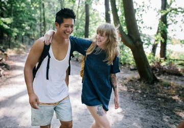 a couple friends hiking outdoors